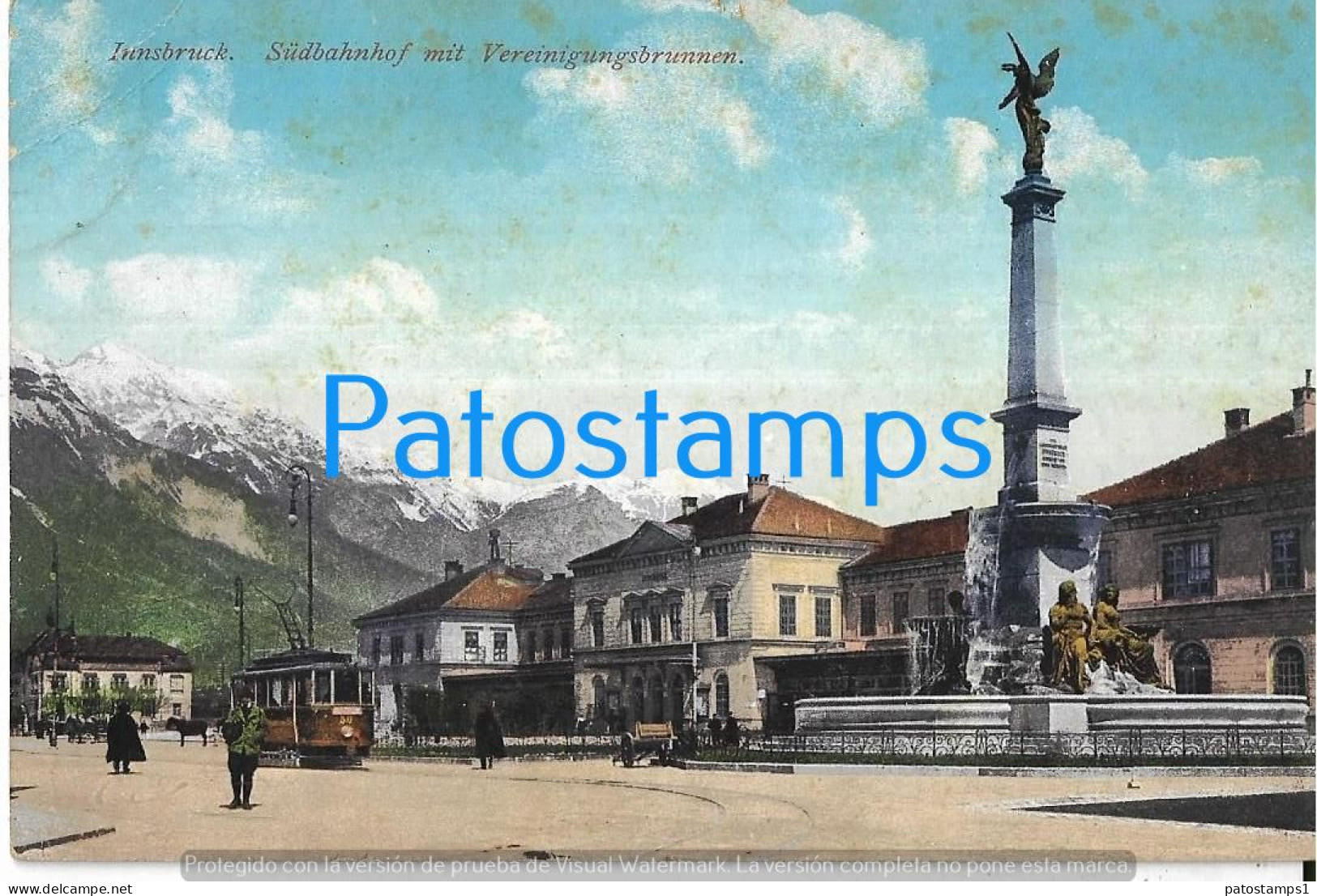 226152 AUSTRIA STATION TRAIN STATUE & TRAMWAY SPOTTED CIRCULATED TO AUSTRIA POSTAL POSTCARD - Other & Unclassified