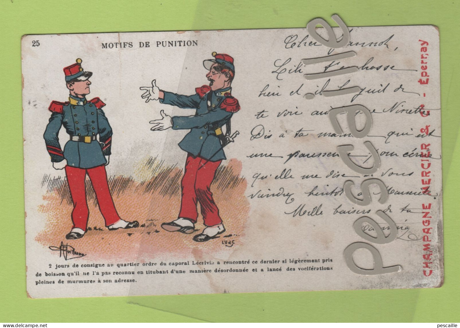 MILITARIA - CP MOTIFS DE PUNITION - ILLUSTRATEUR A PUILLAUME ? / LV&C N° 25 - CHAMPAGNE MERCIER & C° EPERNAY - CIRCULEE - Humour