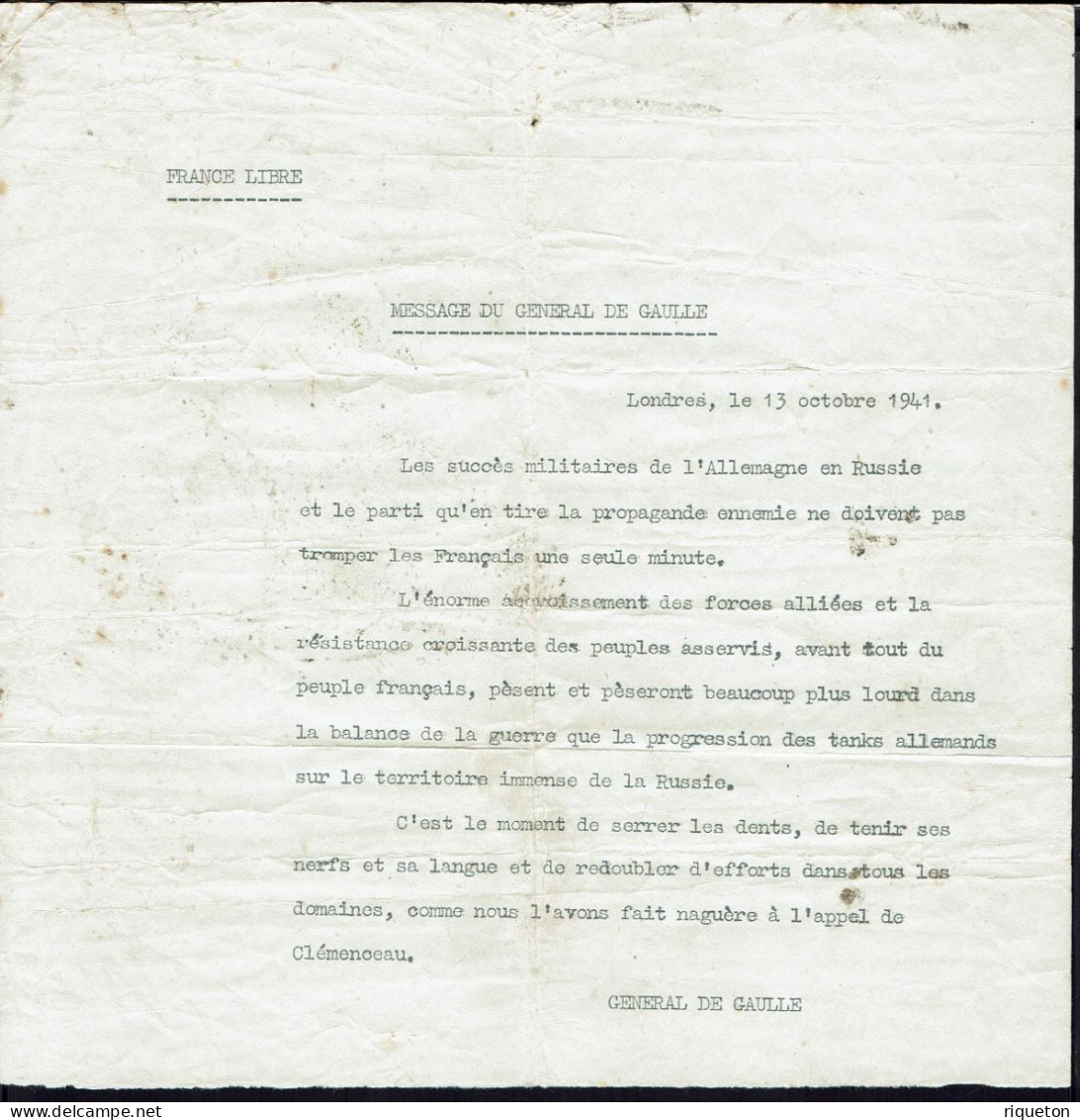 Fr. France Libre. Message Du Général De Gaulle. Londres Le 13 Octobre 1941. - Documents Historiques