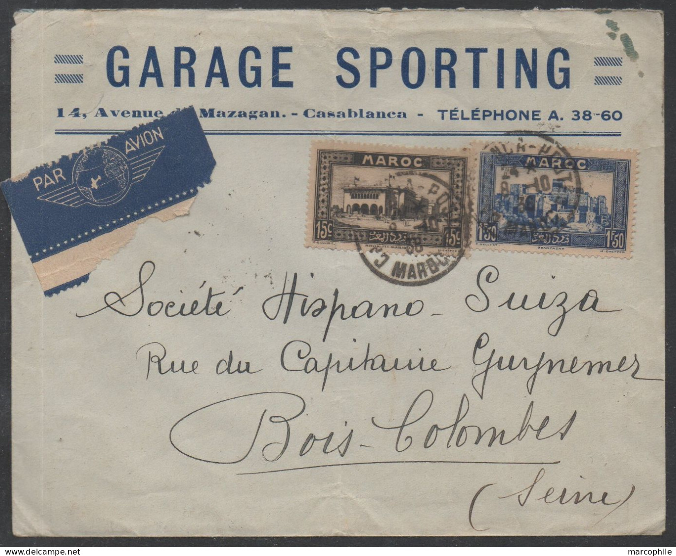 GARAGE SPORTING - CASABLANCA / 1938 LETTRE AVION POUR LES AUTOMOBILES HISPANO SUIZA  A TARBES (ref 8947) - Covers & Documents