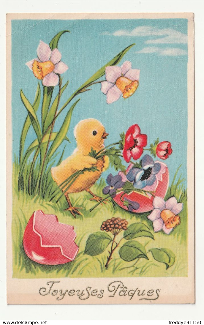 CPA Joyeuses Paques . Poussins Oeuf . Fleurs 1935 - Pâques
