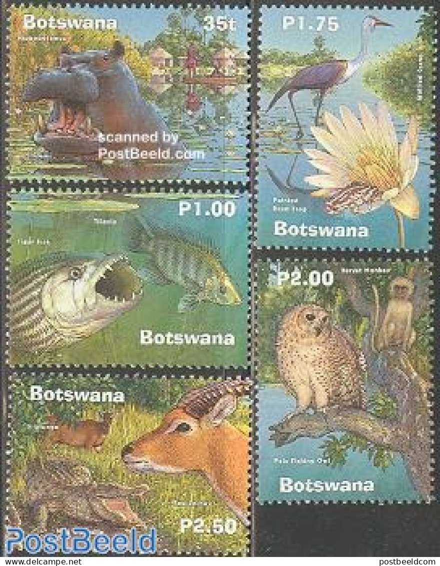 Botswana 2000 Wetlands 5v, Mint NH, Nature - Animals (others & Mixed) - Birds - Crocodiles - Hippopotamus - Owls - Botswana (1966-...)