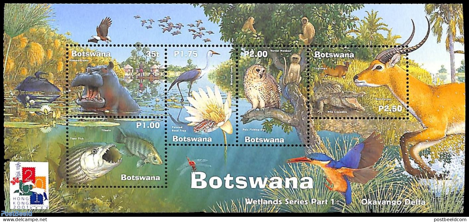 Botswana 2001 Wetlands S/s Hong Kong Overprint, Mint NH, Nature - Animals (others & Mixed) - Birds - Fish - Owls - Peces