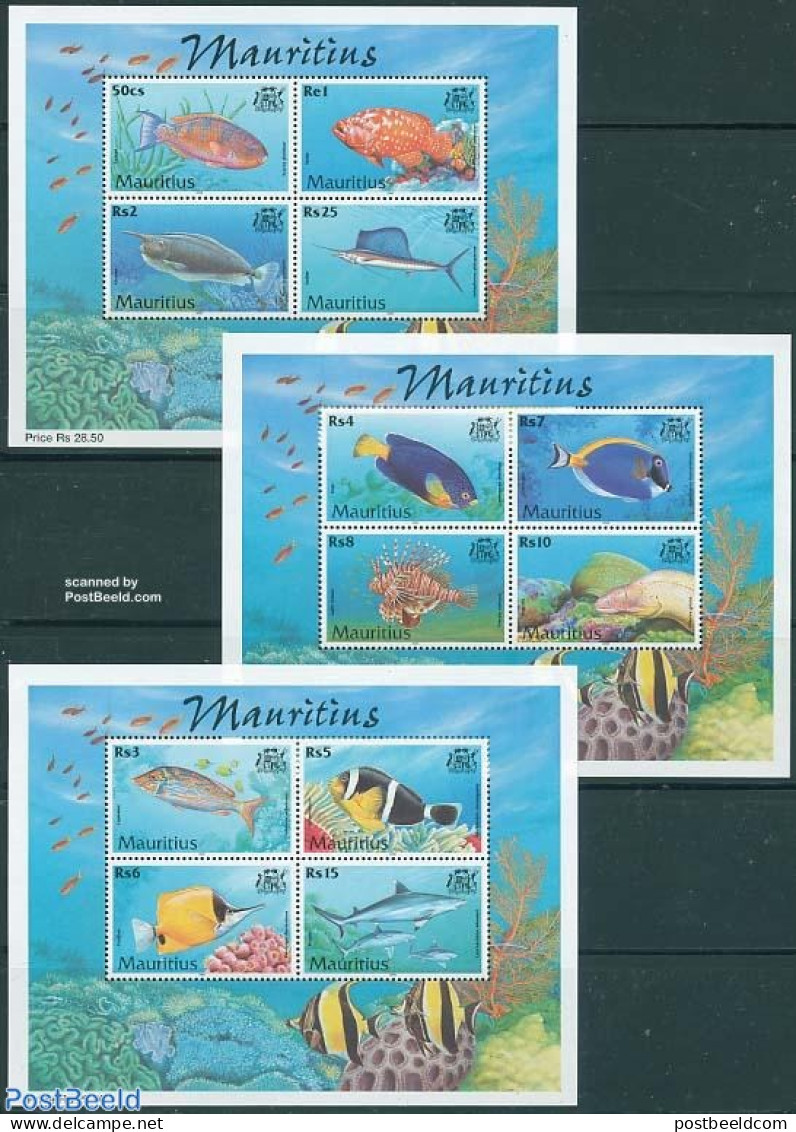 Mauritius 2000 Definitives, Fish 3 S/s, Mint NH, Nature - Fish - Fishes
