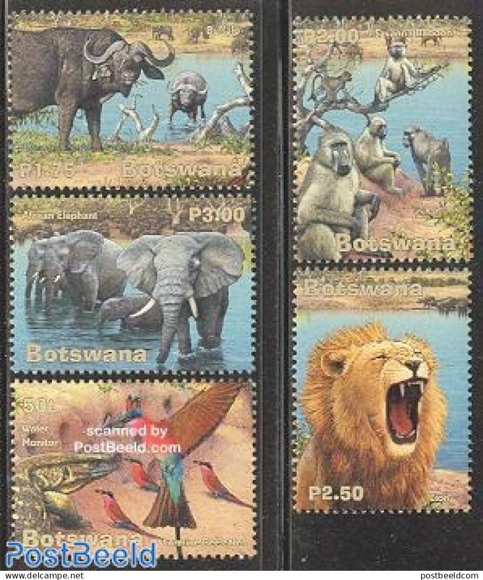 Botswana 2001 Wetlands II 5v, Mint NH, Nature - Animals (others & Mixed) - Birds - Cat Family - Elephants - Monkeys - .. - Botswana (1966-...)