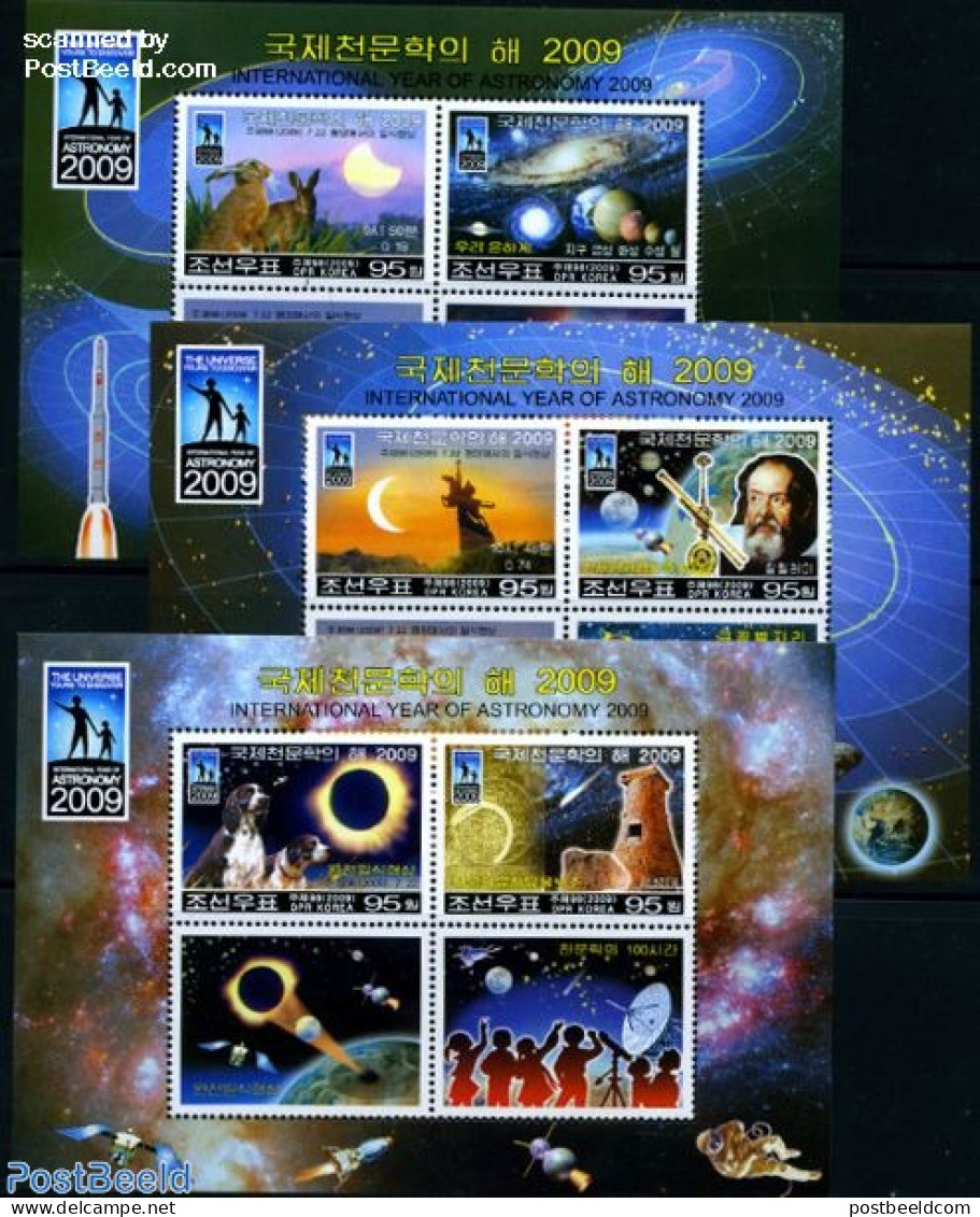Korea, North 2009 Int. Year Of Astronomy 12v (3 M/s), Mint NH, Nature - Science - Transport - Birds - Deer - Dogs - Ra.. - Astrologie