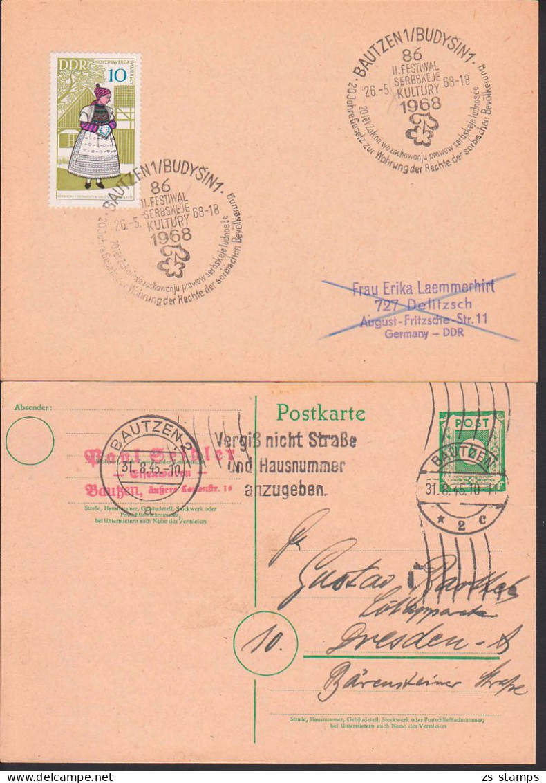 Bautzen MWellSt. 31.8.45 Und OSt. GA-Karte P8, Nach Dresden, Dazu SSt. II. Festiwal  Sebskeje Kultury - Postal  Stationery