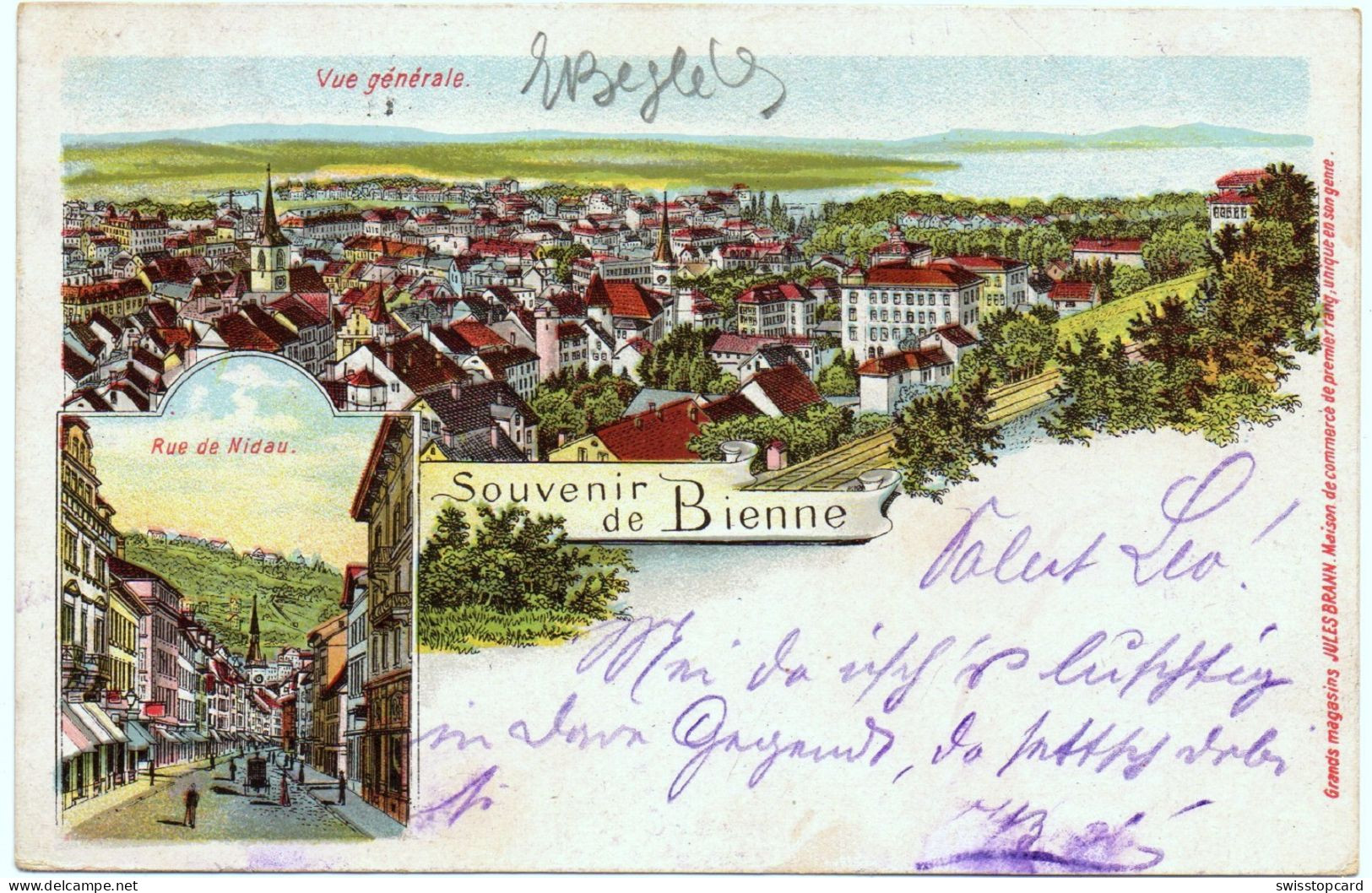 LITHO Souvenir De Bienne RUE DE NIDAU Gel. 1905 - Bienne