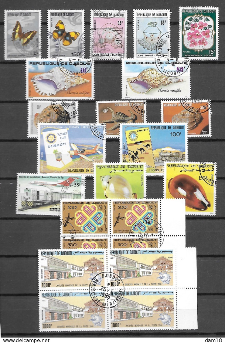 DJIBOUTI 23 TIMBRES PAPILLON BIJOUX ET  COQUILLAGES Etc.. DONT 2 BLOCS DE 4 TTB - Gibuti (1977-...)