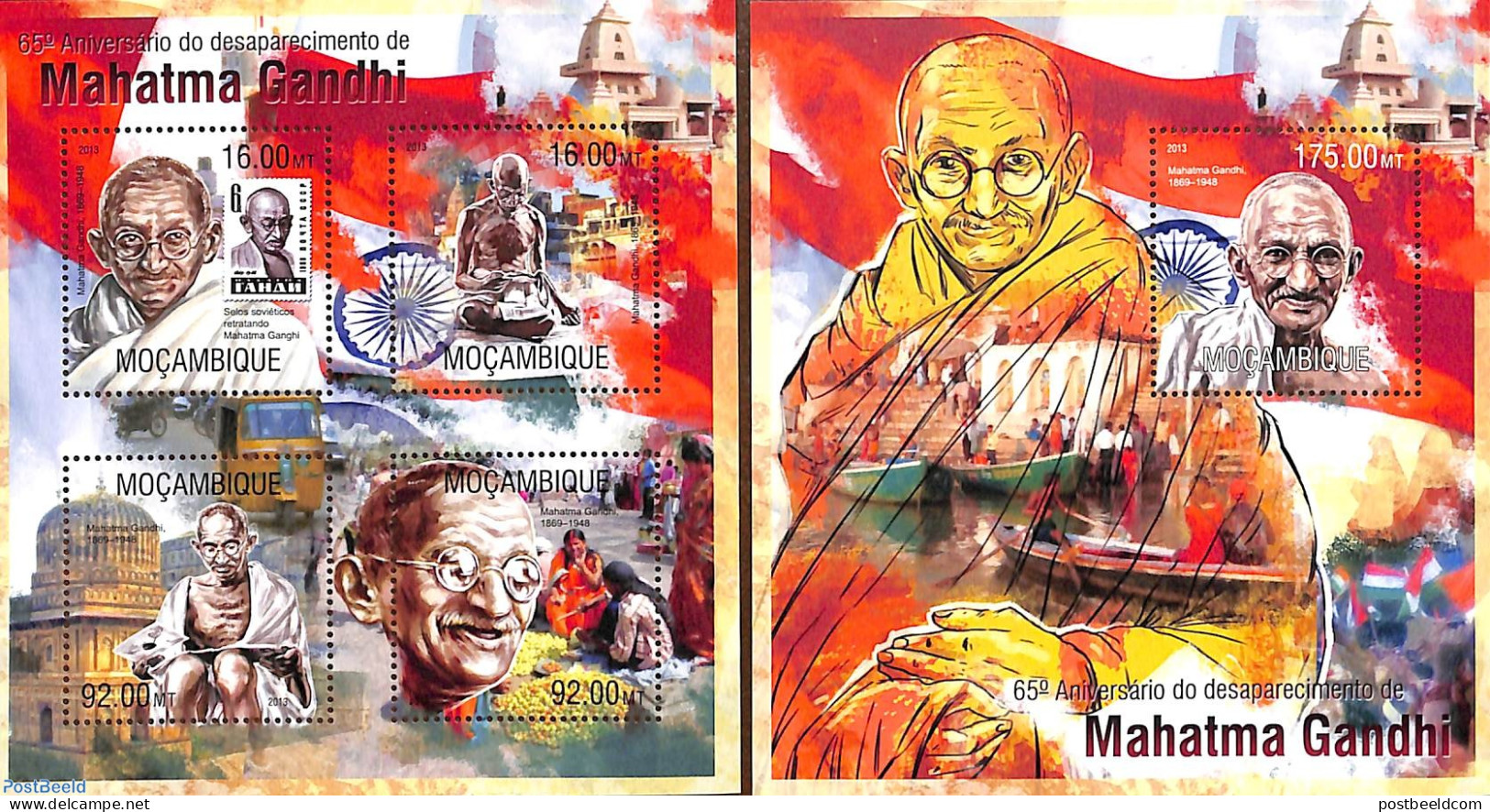 Mozambique 2013 Mahatma Gandhi 2 S/s, Mint NH, History - Transport - Gandhi - Stamps On Stamps - Ships And Boats - Art.. - Mahatma Gandhi