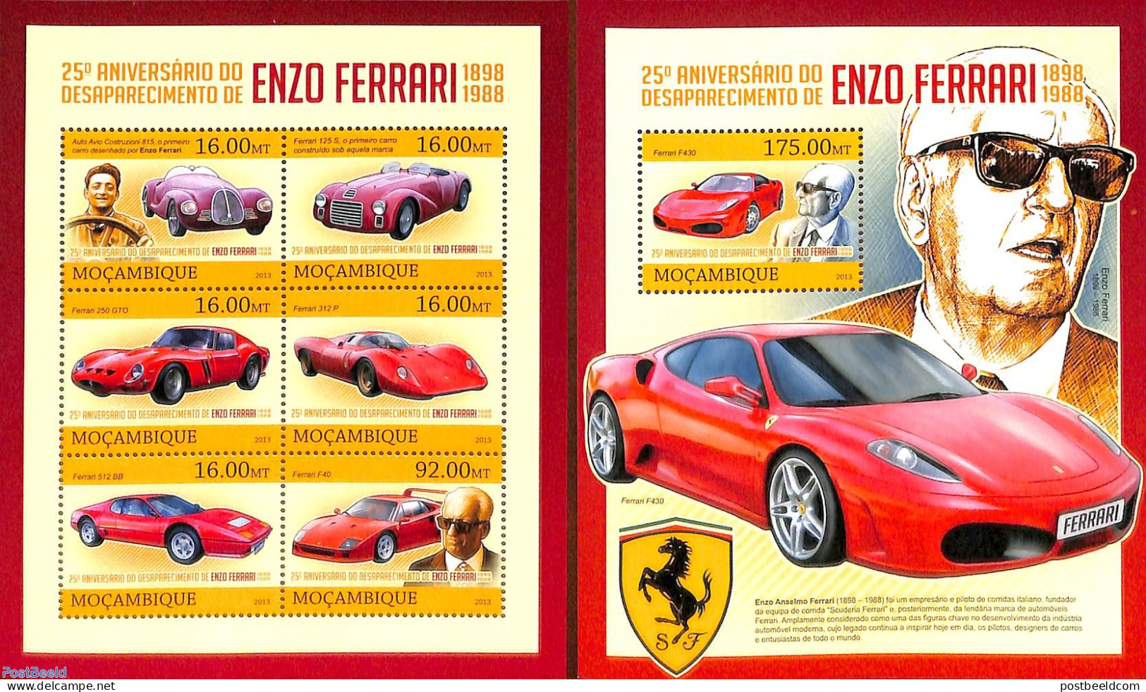 Mozambique 2013 Enzo Ferrari 2 S/s, Mint NH, Sport - Transport - Autosports - Automobiles - Ferrari - Autos