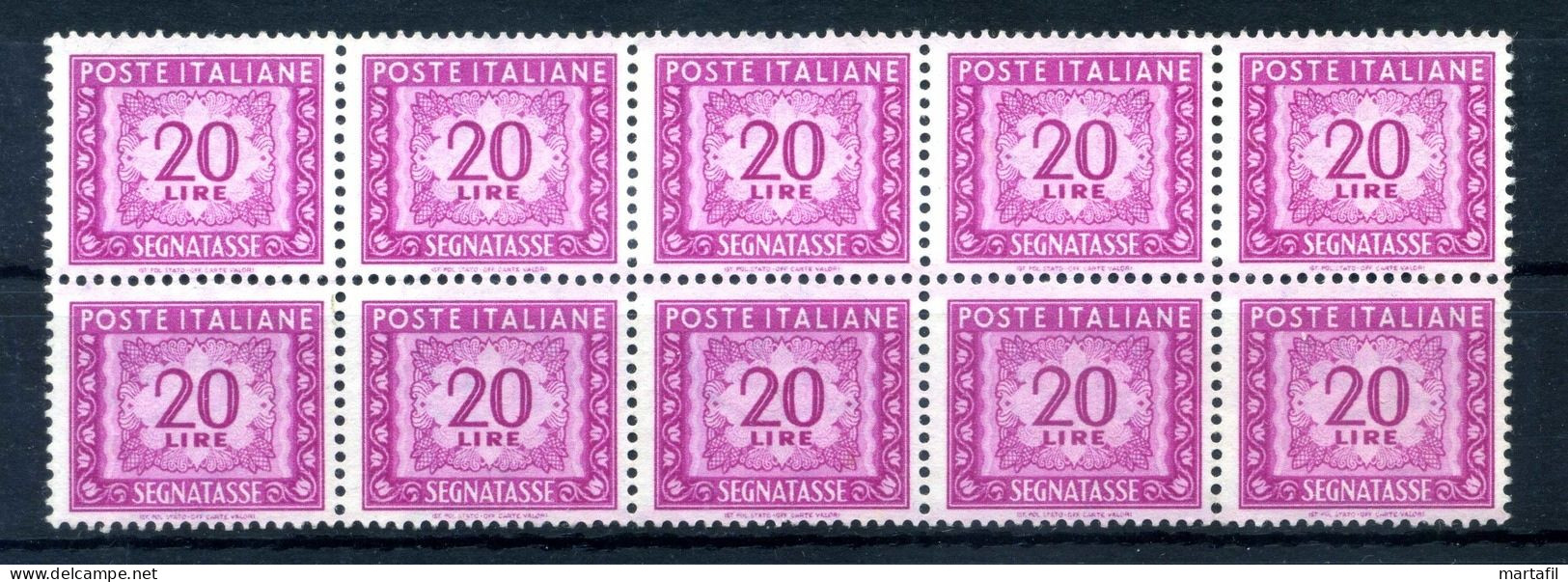 1947-54 ITALIA SEGNATASSE N.106 (*) 20 Lire Senza Gomma Blocco Di 10 Filig. Ruota - Segnatasse