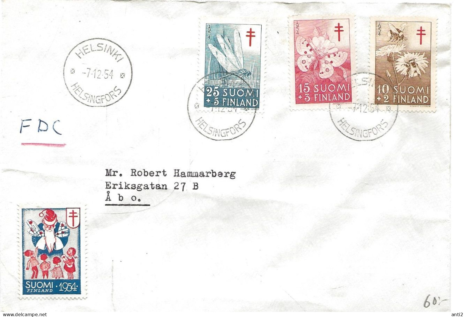 Finland   1954  Fighting Tuberculosis, Rush Dragonfly, Apollo Butterfly, Glossy Bumblebee  Mi 434-436 FDC - Briefe U. Dokumente