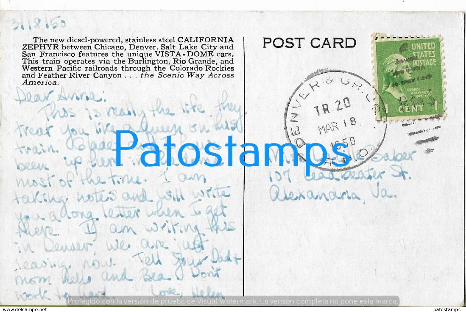 226154 US SAN FRANCISCO  ART TRAIN VISTA DOME CALIFORNIA ZEPHYR CIRCULATED TO ALEXANDRIA POSTAL POSTCARD - Other & Unclassified