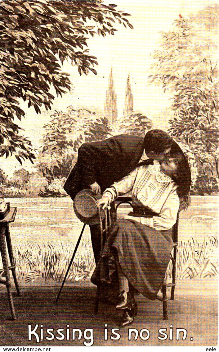 CN100. Vintage Comic Postcard. Kissing Is No Sin! Romantic Couple. - Koppels