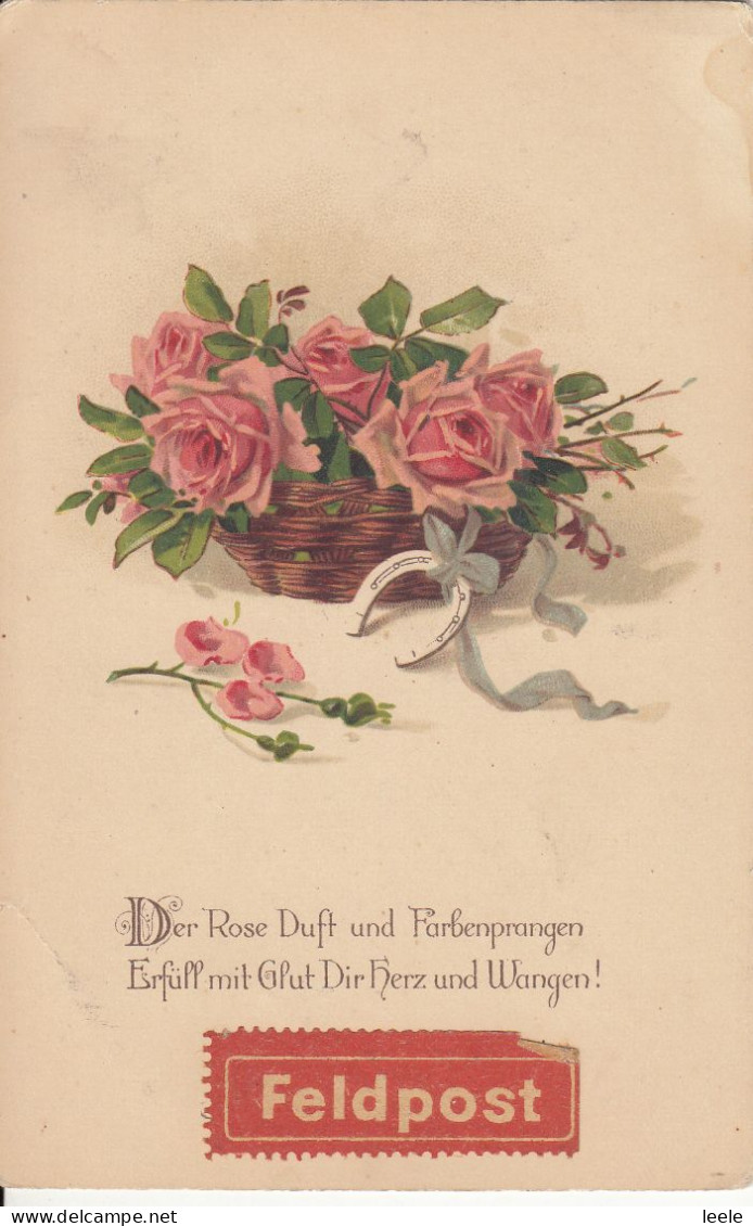 CN39.Vintage German Greetings Postcard. Feldpost, 1918. Basket Of Pink Roses. - Bloemen