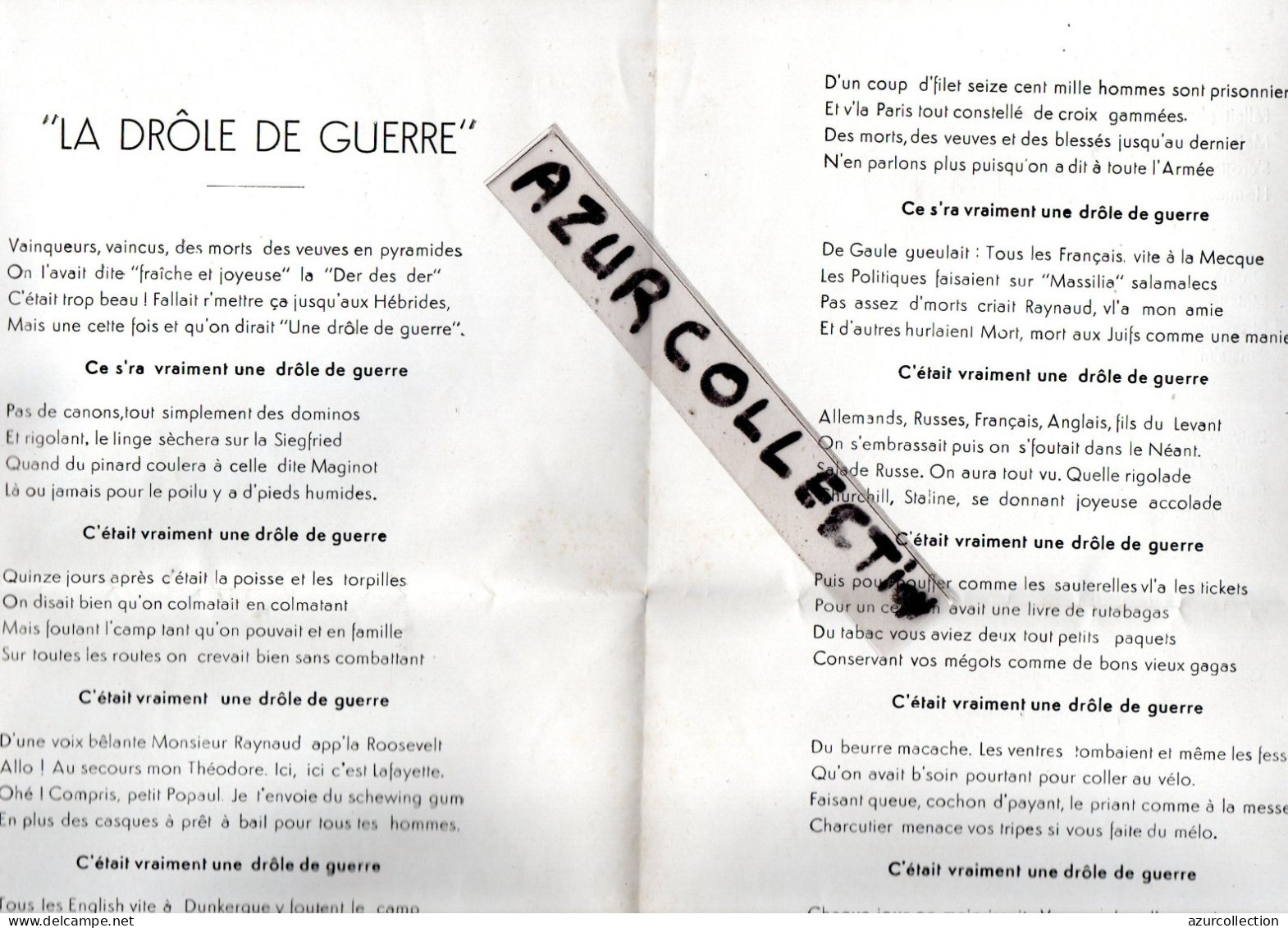 39/45 . COLLABORATION? PAUL FRANZ NAMUR . LA DROLE DE GUERRE + POEME MANUSCRIT SIGNE ANTIBES - Documentos Históricos