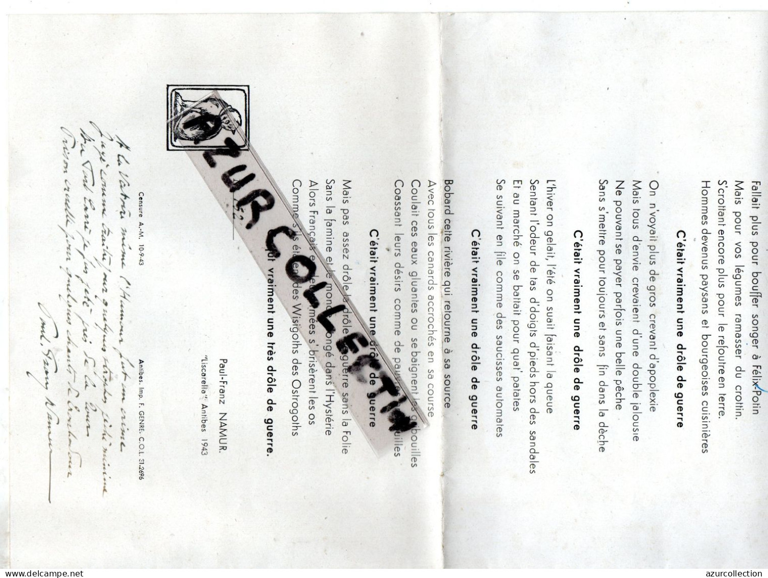 39/45 . COLLABORATION? PAUL FRANZ NAMUR . LA DROLE DE GUERRE + POEME MANUSCRIT SIGNE ANTIBES - Documentos Históricos