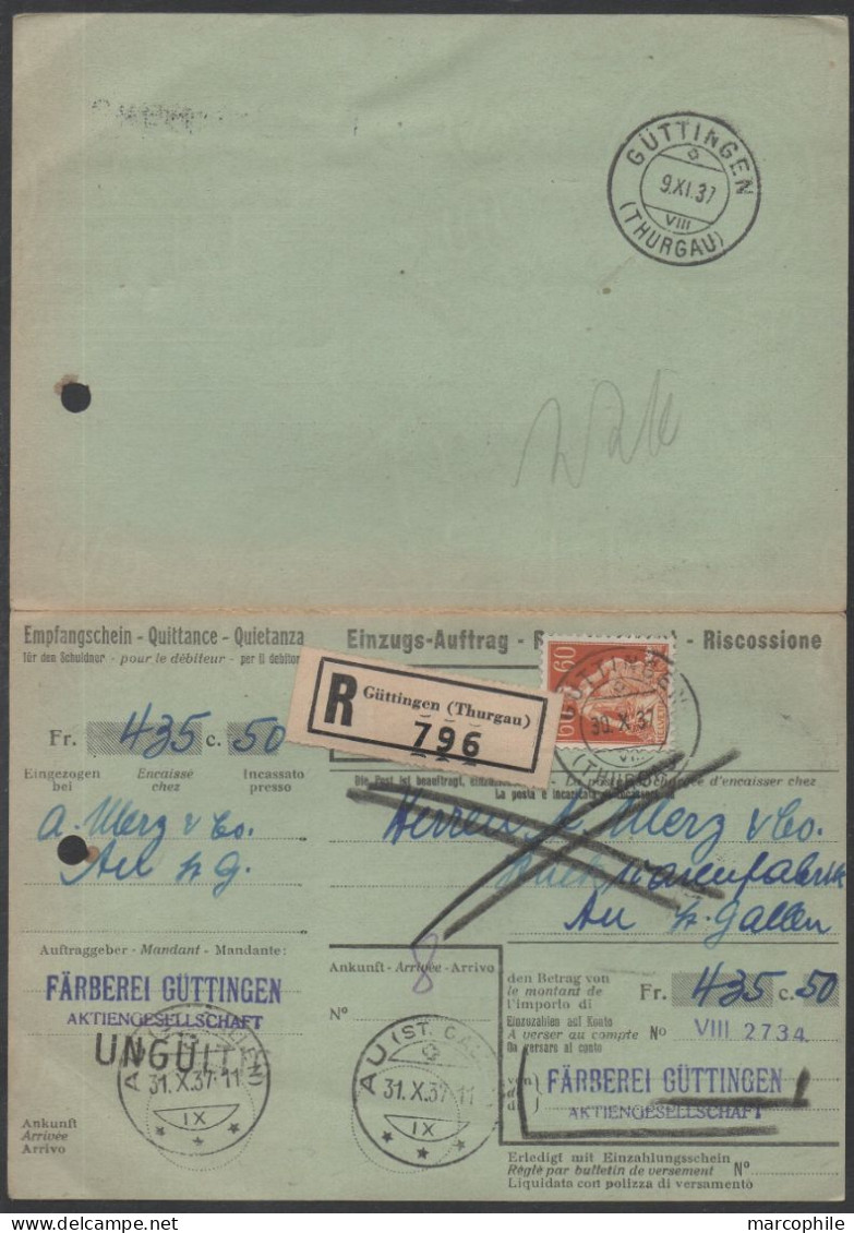 SUISSE - SCHWEIZ - GÜTTINGEN / 1937 R-EMPFANGSCHEIN KARTE ==> AU & ZURÜCK (ref 8958) - Lettres & Documents