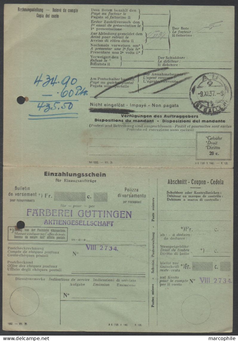 SUISSE - SCHWEIZ - GÜTTINGEN / 1937 R-EMPFANGSCHEIN KARTE ==> AU & ZURÜCK (ref 8958) - Briefe U. Dokumente