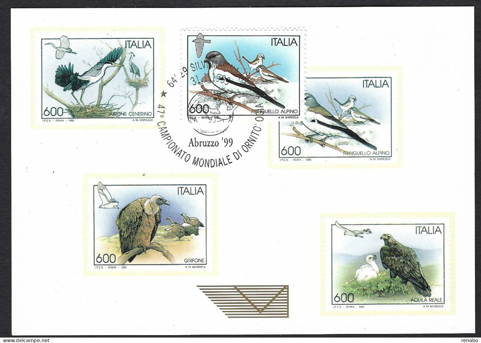 Italia, Italy, Italien, Italie 1999; Maximum Card: Fringuello Alpino: “Campionato Mondiale Di Ornitologia” - Sparrows