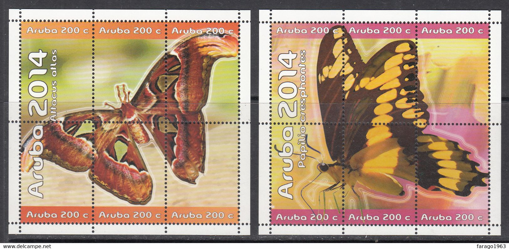 2014 Aruba Butterflies Papillions Complete Set Of 2 Blocks Of 6 MNH @ BELOW Face Value - Curacao, Netherlands Antilles, Aruba