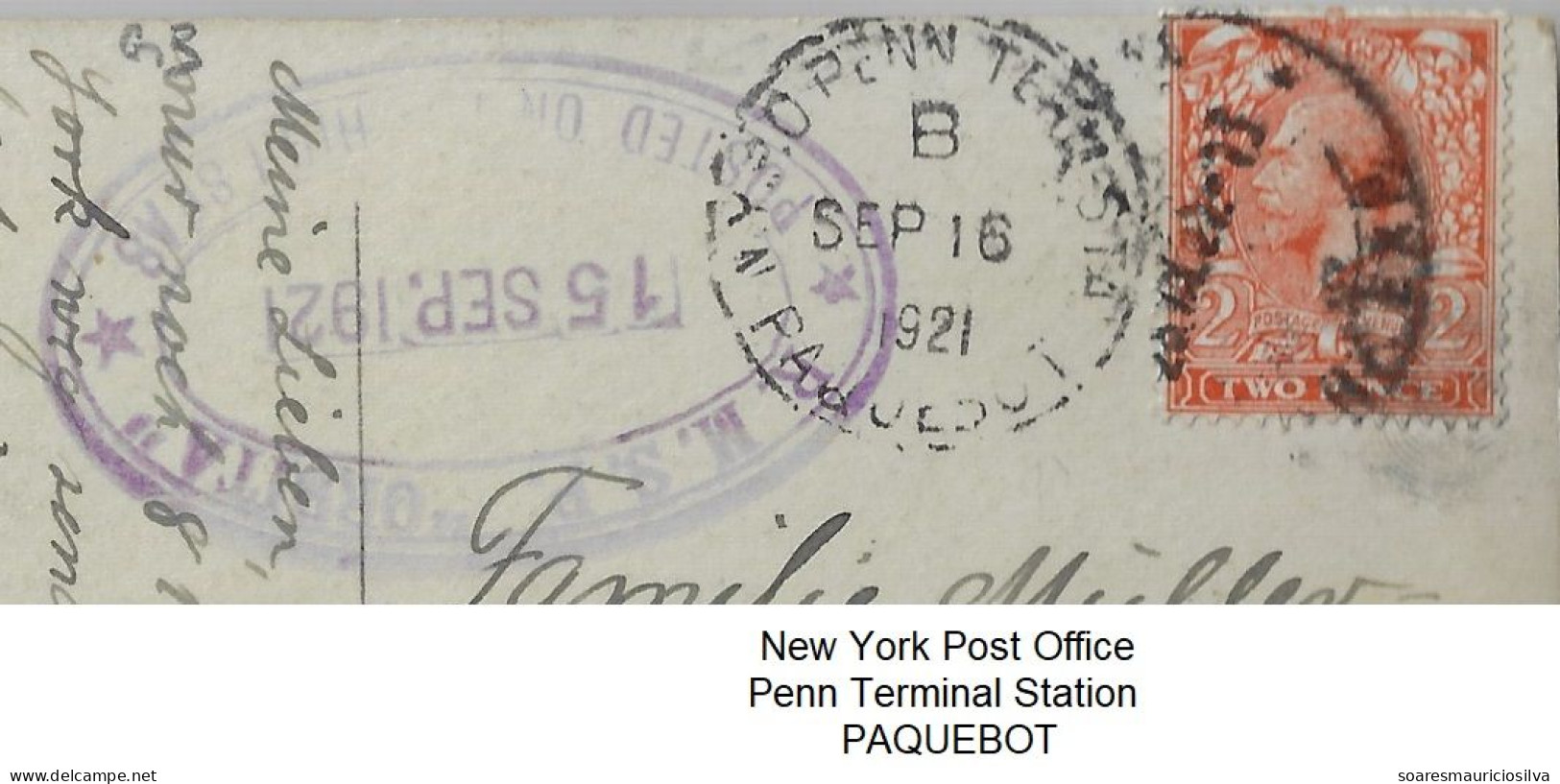 1921 Postcard Photo Ship RMSP Orbita New York Penn Terminal Station USA To Zurich Switzerland Stamp 2 Pence PAQUEBOT - Oblitérés