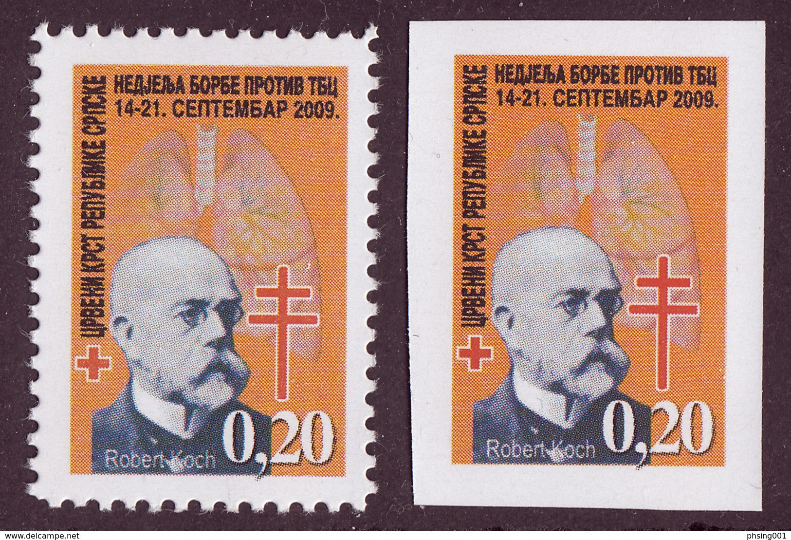 Bosnia Serbia 2009 TBC Tuberculosis Red Cross Robert Koch, Tax Charity Surcharge Stamps Perforated + Imperforated MNH - Bosnie-Herzegovine