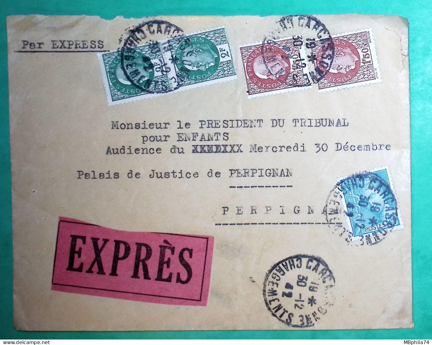 N°517 X2 + 518 X2 + 538 PETAIN BERSIER MERCURE LETTRE EXPRES CARCASONNE CHARGEMENTS AUDE POUR PERPIGNAN 1942 FRANCE - 1941-42 Pétain