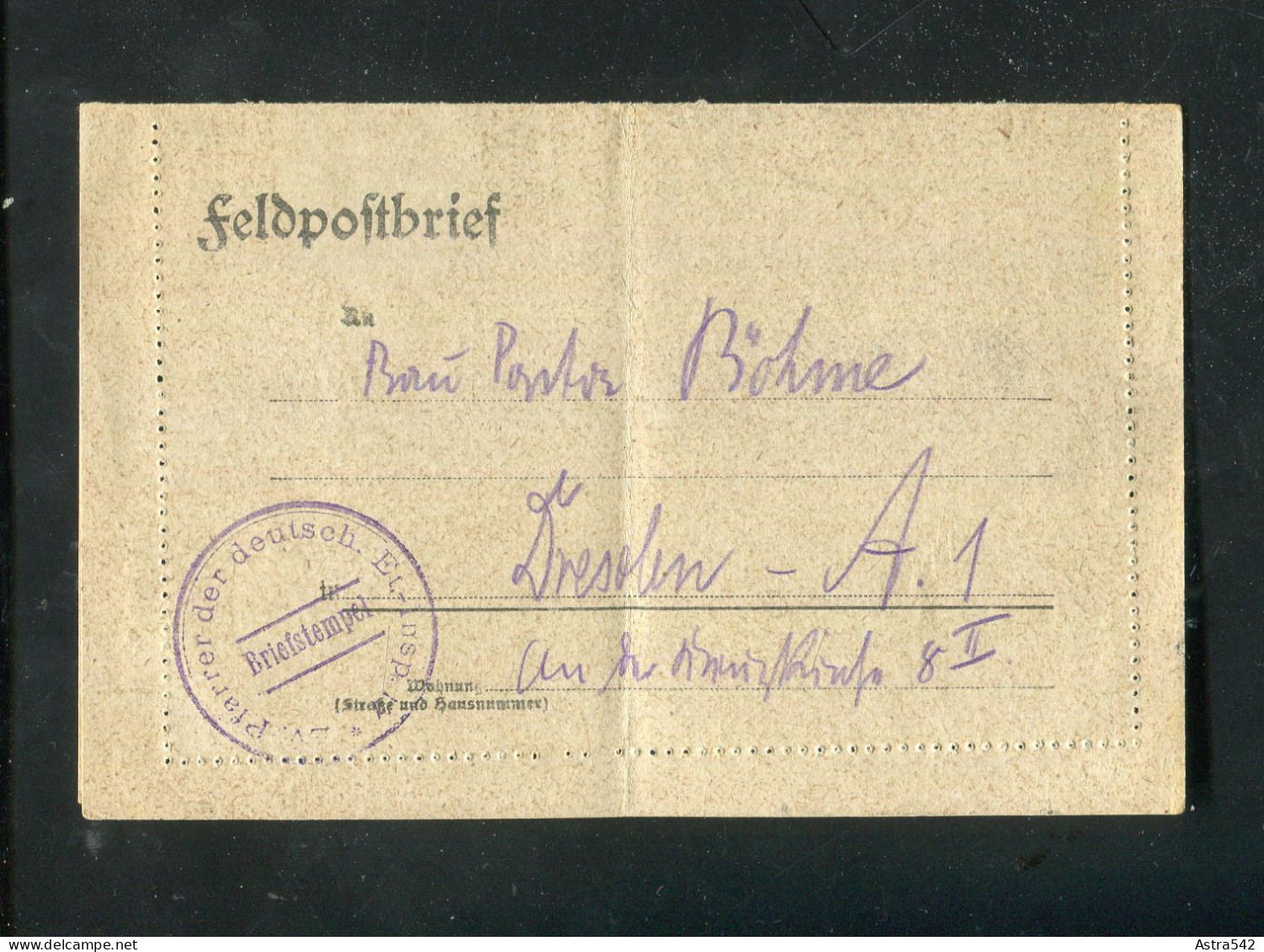 "DEUTSCHES REICH"  Feldpostkartenbrief Briefstempel "Pfarrer Der Deutsch. El.-Insp.", Mit Inhalt (A0124) - Feldpost (Portofreiheit)