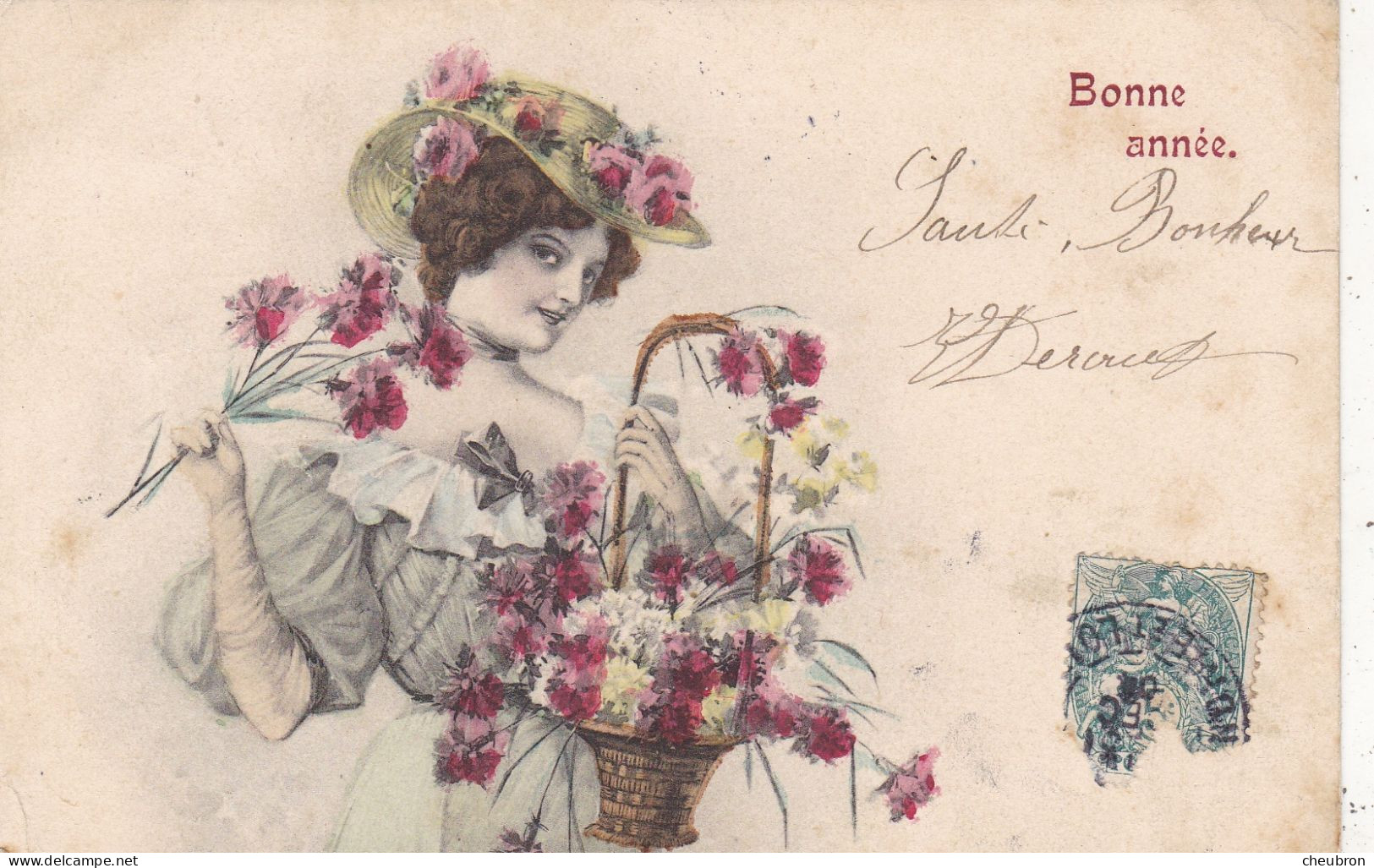 NOUVEL AN. CPA..  " BONNE ANNEE " .ILLUSTRATION.  FEMME. SERIE " SALUTS DES FLEURS ". ANNEE 1905. + TEXTE - Nouvel An