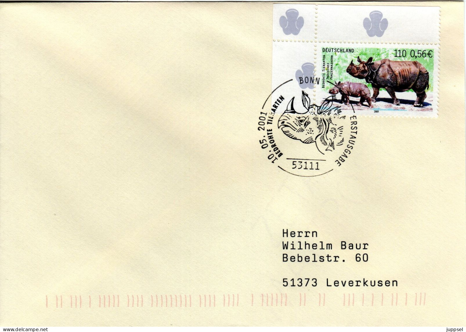 GERMANY  FDC,  Indian Rhinoceros With Baby   /   ALLEMAGNE  Lettre De Première Jour,  Rhinocéros Indien Avec Bébé   2001 - Apen