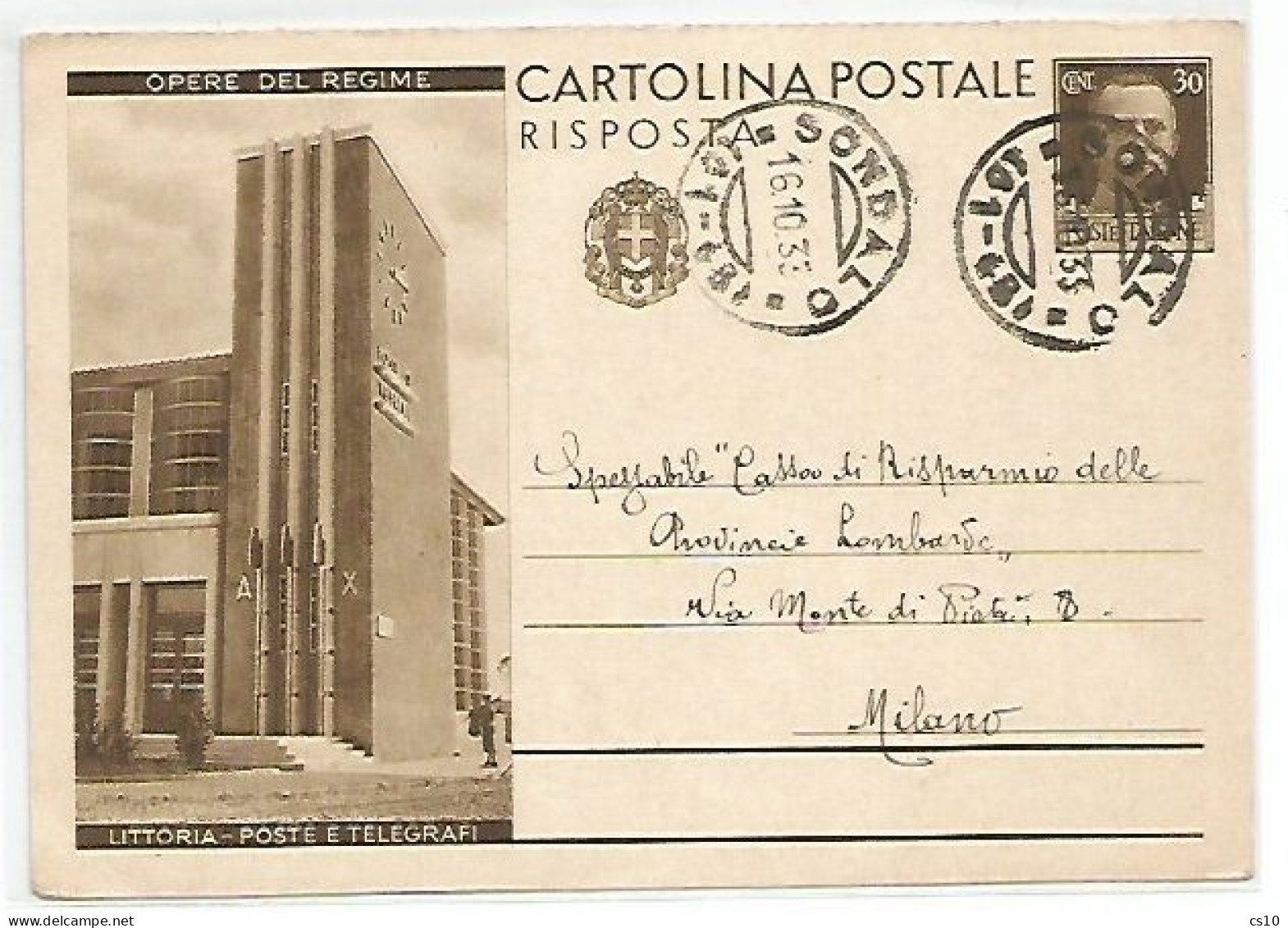 CP C.30 PARTE RISPOSTA  Opere Regime Littoria Poste Telegrafi #C88/?  Usata Sondalo 16ott1933 X Milano - Ganzsachen