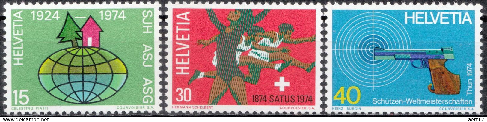 1974, Switzerland, Publicity Issue (1974) 1st Issue, Athletics, Globes, Gymnastics, MNH(**), Mi:  1017 - 1019 - Neufs