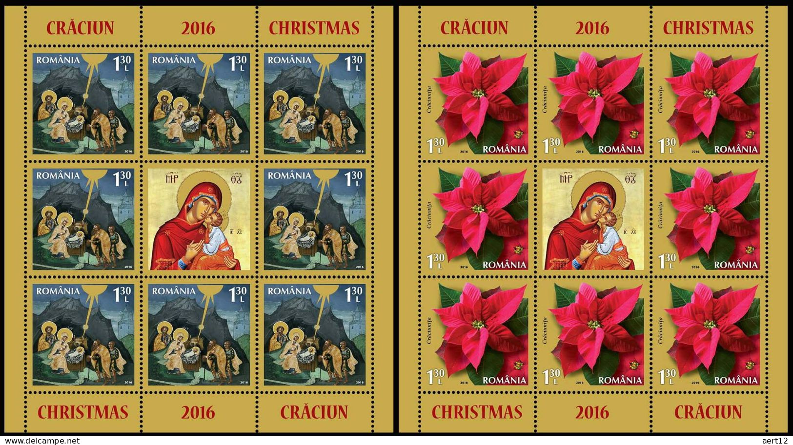 ROMANIA, 2016, Christmas, Religion, Painting, Icon, 2 Sheets, 8 Stamps/sheet, MNH (**), LPMP 2127 - Neufs