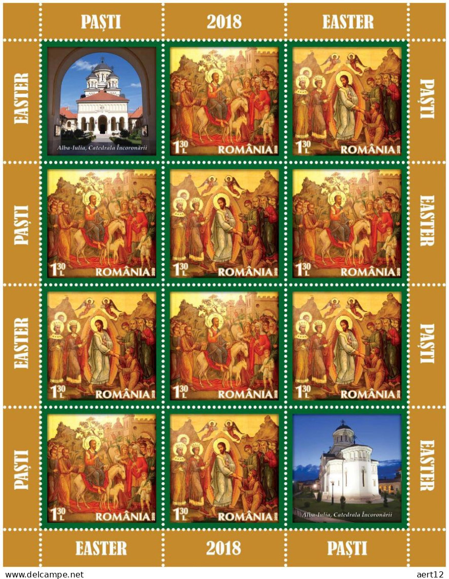 ROMANIA, 2018, EASTER, Religion, Painting, Icons, Cross, Crucifix, Sheet Of 10 Stamps + 2 Label, MNH (**), LPMP 2184a - Neufs