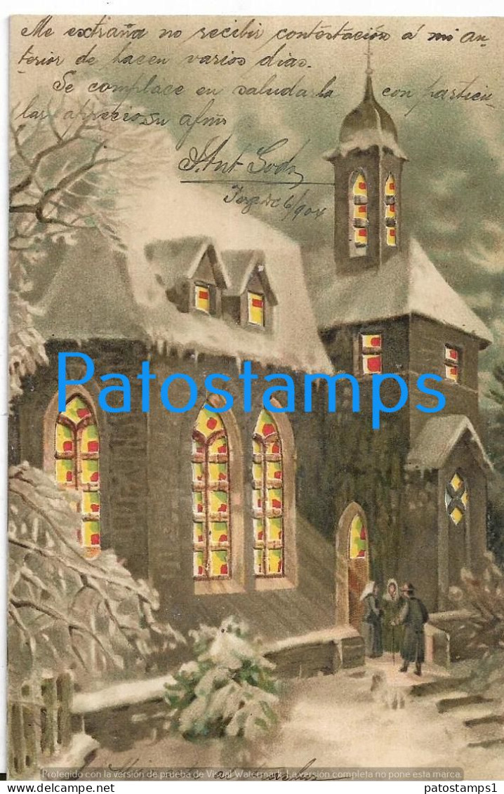 226164 ART ARTE EMBOSSED THE CHURCH ILLUMINATED BEHIND THE LIGHT CIRCULATED TO ARGENTINA POSTAL POSTCARD - Unclassified