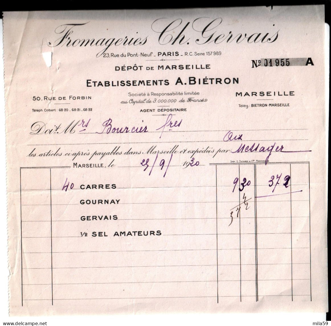 Fromageries Charles Gervais. Ets A. Biétron, Marseille. à Ms. Bourcier Frères à Aix. - 1900 – 1949