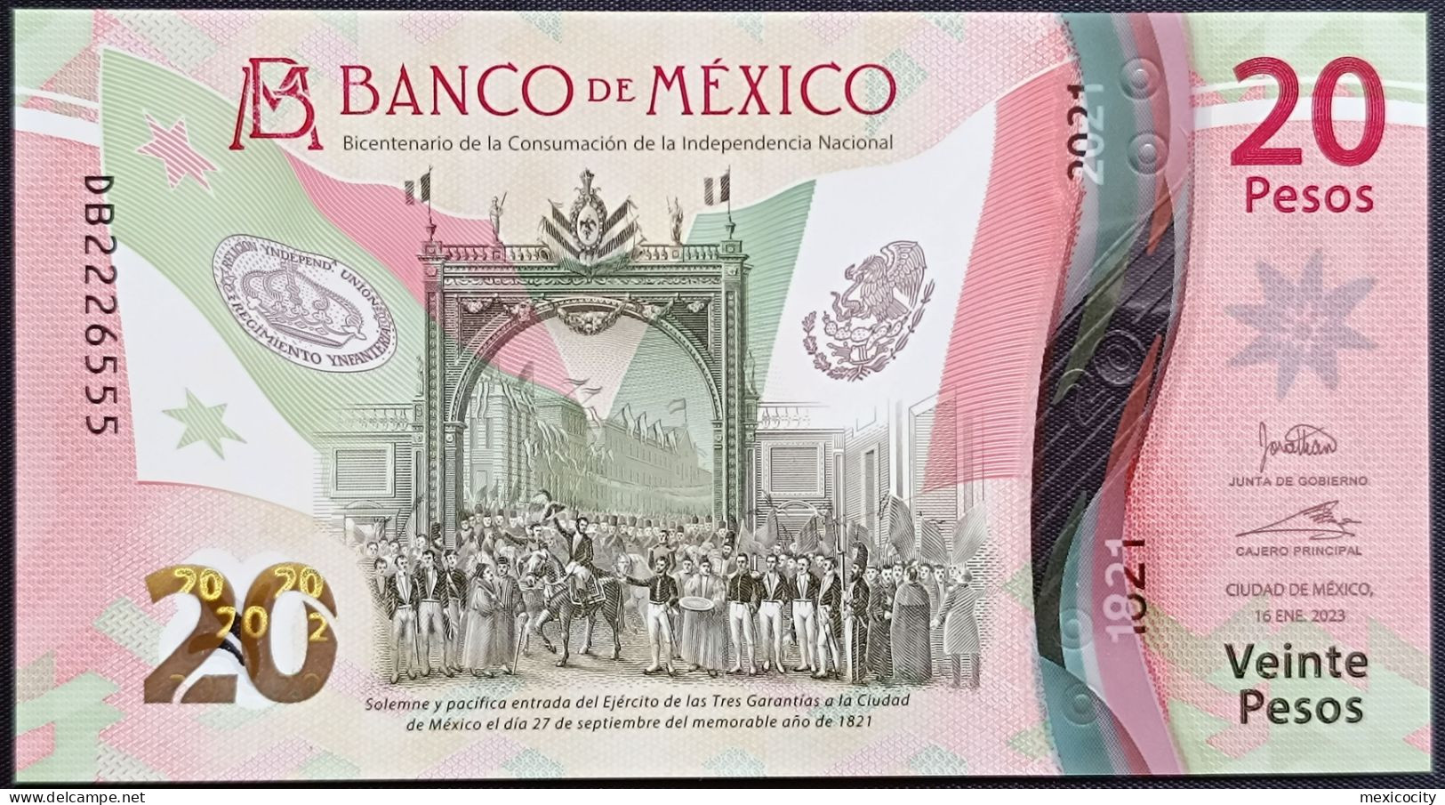 MEXICO $20 SERIES DB2226555 DOUBLE ANGEL # - 16-JAN-2023 INDEPENDENCE POLYMER NOTE BU Mint Crisp - Mexico