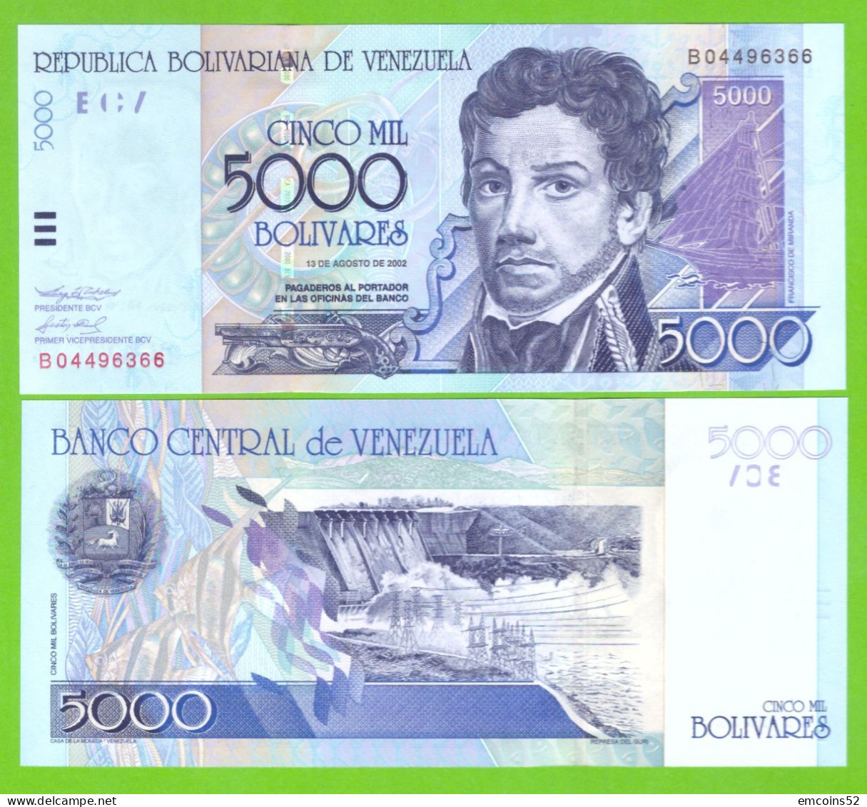 VENEZUELA 5000 BOLIVARES 2002 P-84b UNC - Venezuela