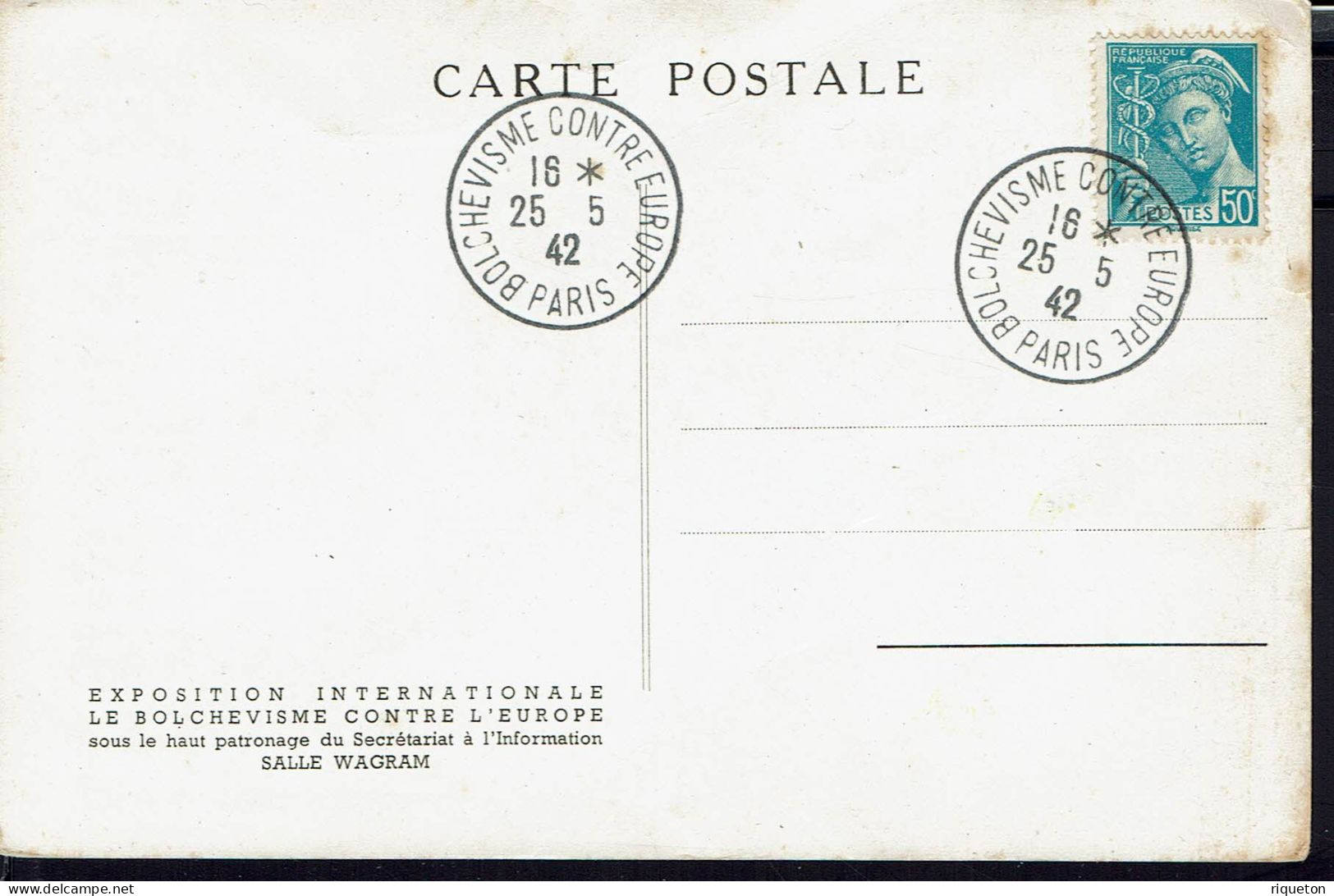 Fr. Mercure 50 C. Sur Carte Postale "L'Europe En Marche Contre Le Bolchévisme" Cachets 25-5-1942. - Cartas & Documentos