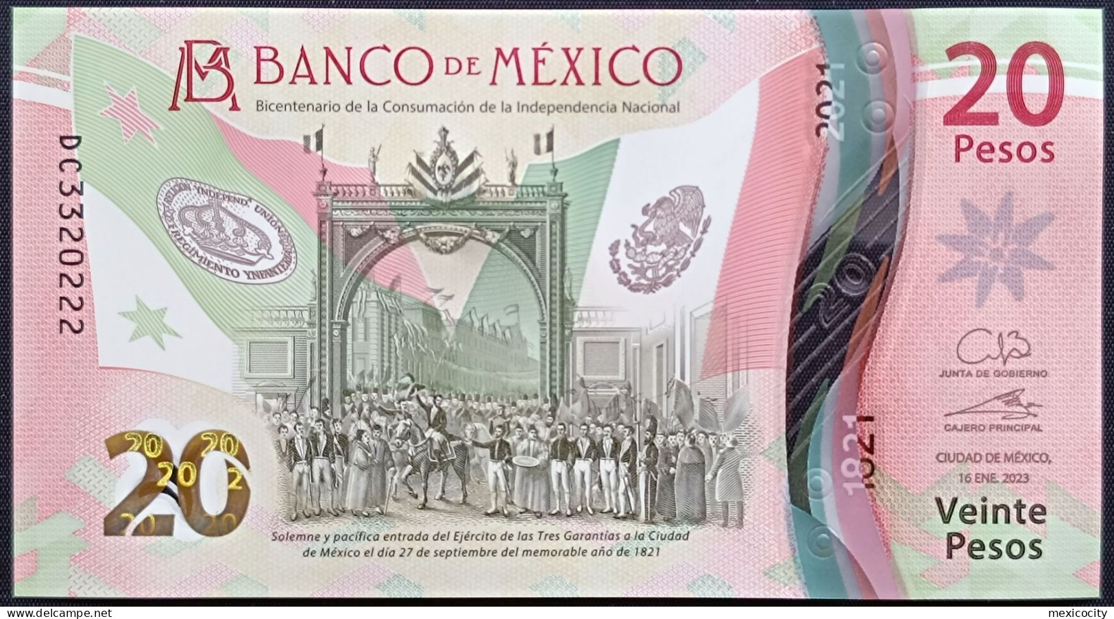 MEXICO $20 SERIES DC3320222 ANGEL # - 16-JAN-2023 INDEPENDENCE POLYMER NOTE BU Mint Crisp - México