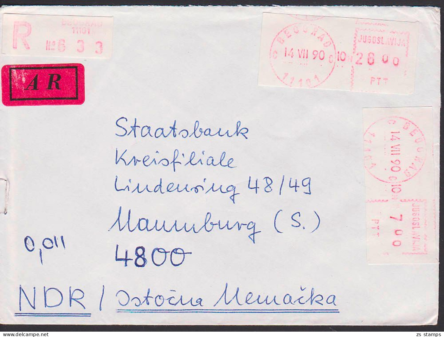 Beograd  R-Brief Mit Zwei Zwei Freistempel-Label 14. VII 90 An Staatsbank Naumburg - Storia Postale