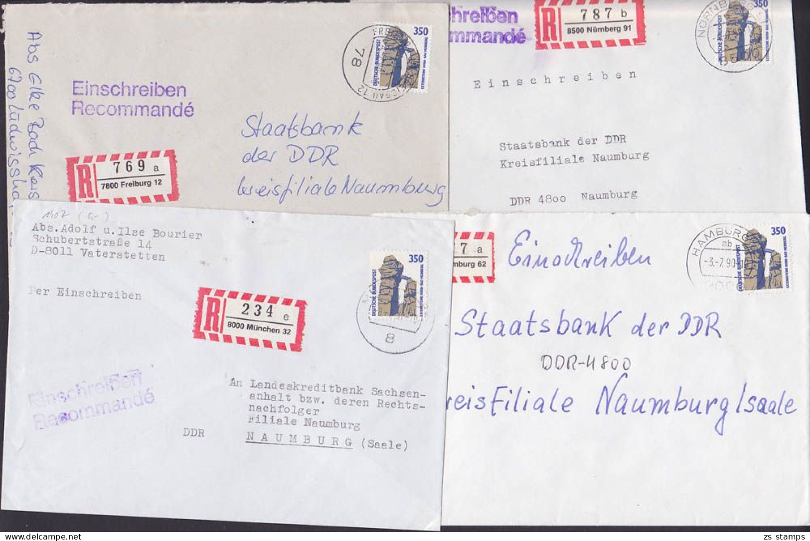 Externsteine 350 Pf. Auf R-Bfe Aus München, Hamburg, Freiburg, Nürnberg, BRD 1407 - Etiquettes 'Recommandé' & 'Valeur Déclarée'