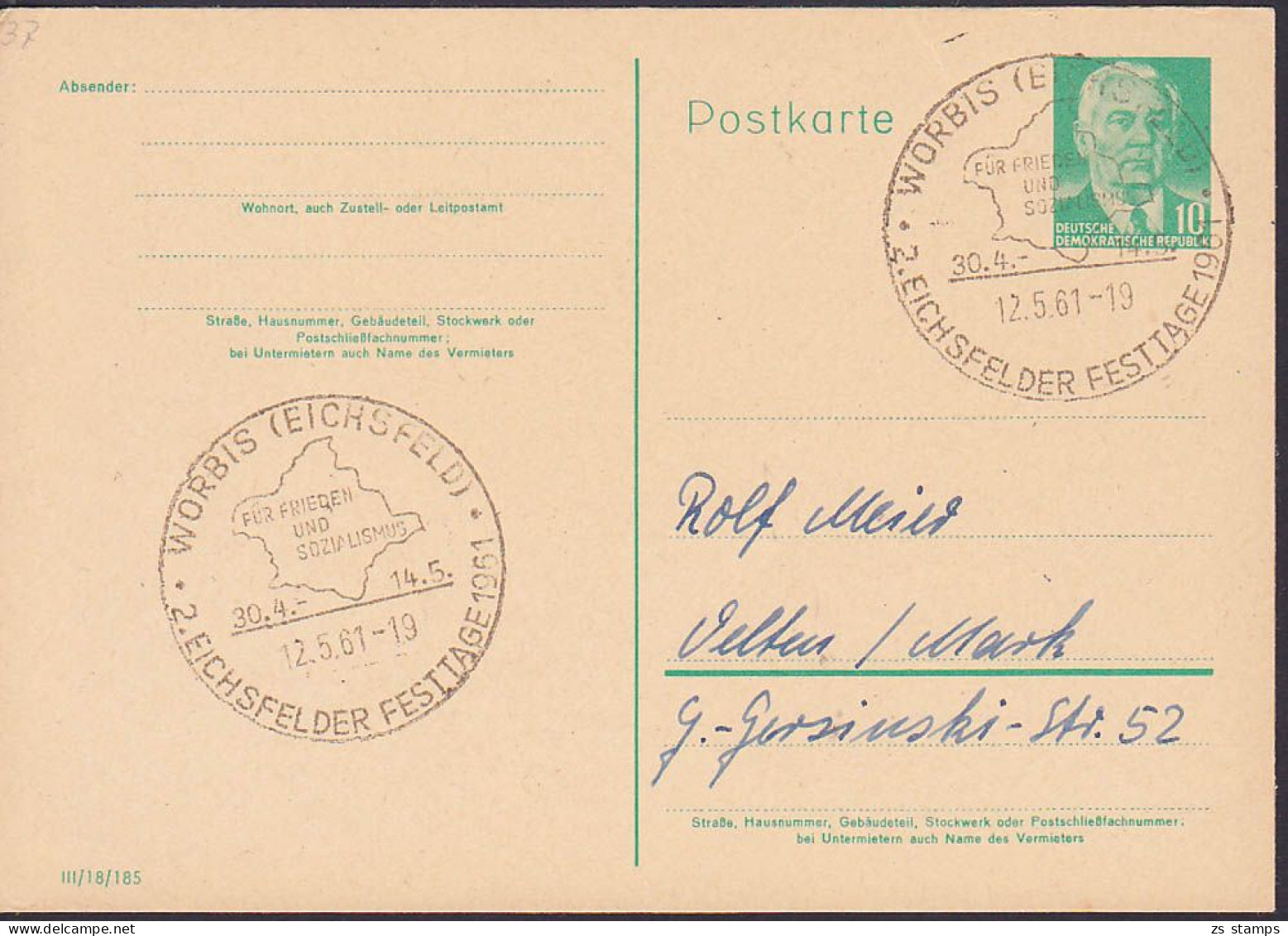 WORBIS SSt. Mit Abb. Der Landkarte Der DDR Für Frieden Und Sozialismus, Eichsfelder Festtage 12.5.61 - Franking Machines (EMA)