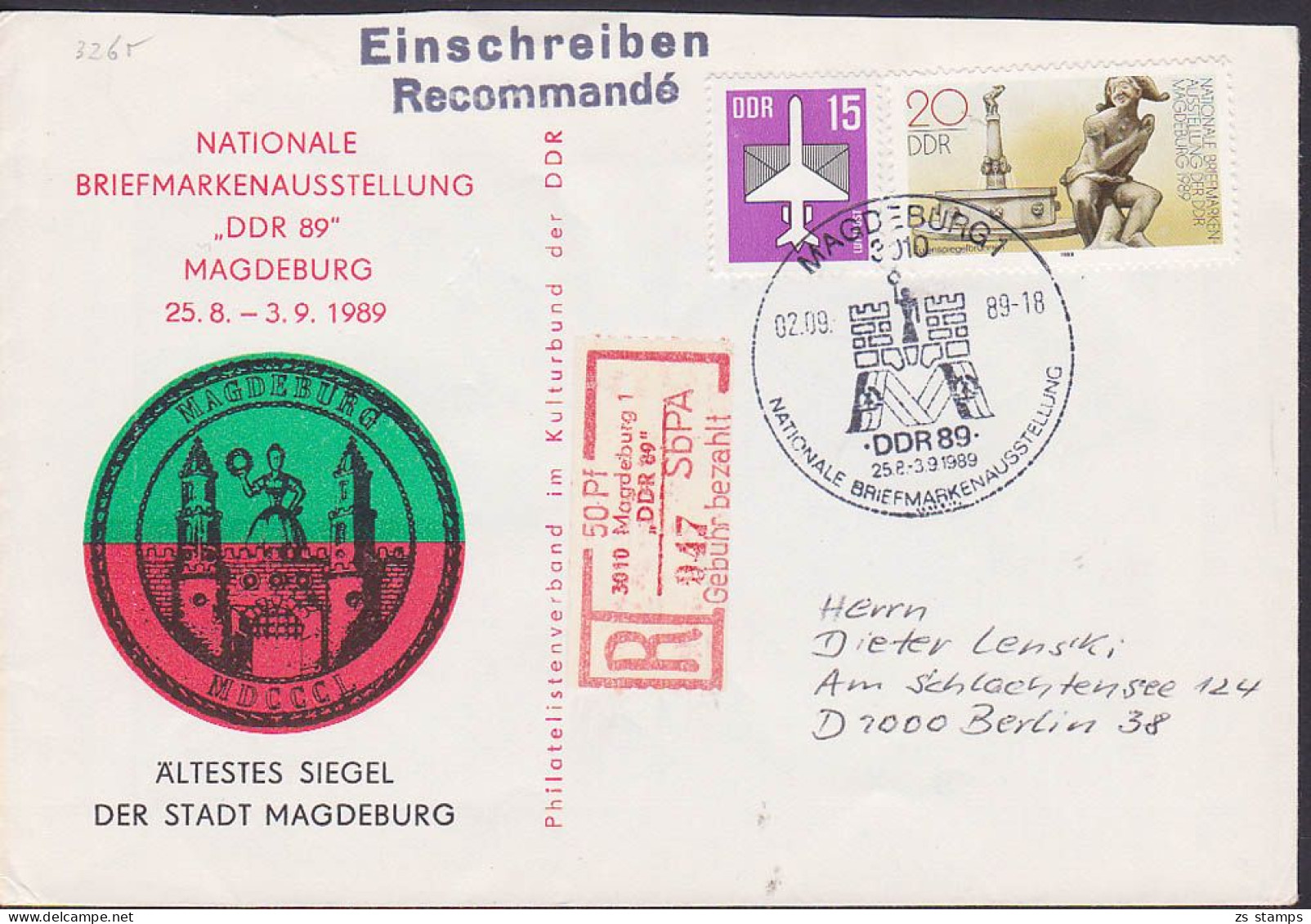Magdeburg Sonder-R-SbPA Zettel "DDR 89" Nationale Briefmarkenausstellung DDR 3265 - Aangetekende Etiketten