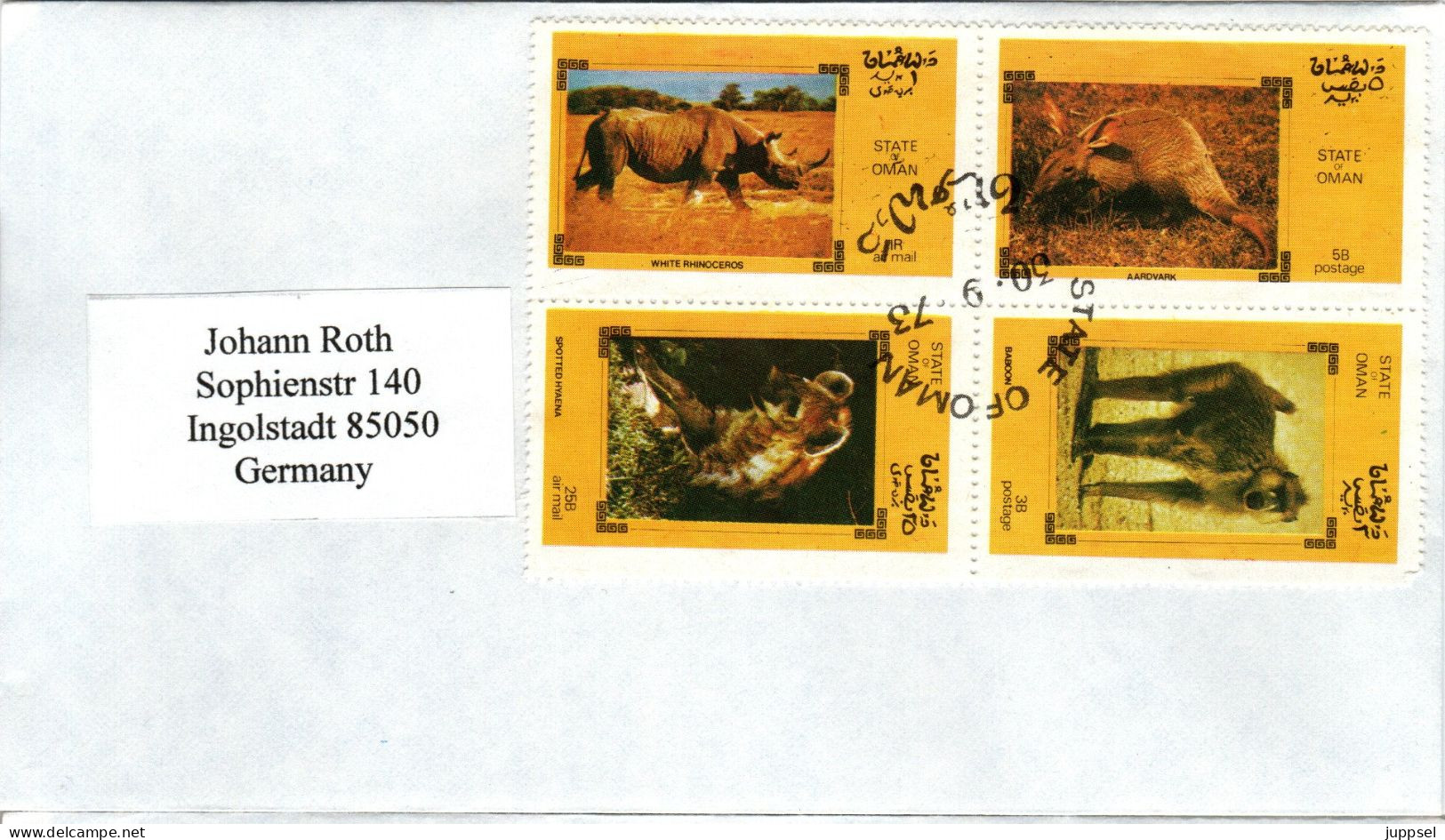 FDC OMAN Rhino, Aardvark, Hyaena, Baboon  /  Lettre De Première Jour, Rhino, Cochon De Terre, L`hyene, Papion  1973 - Autres & Non Classés