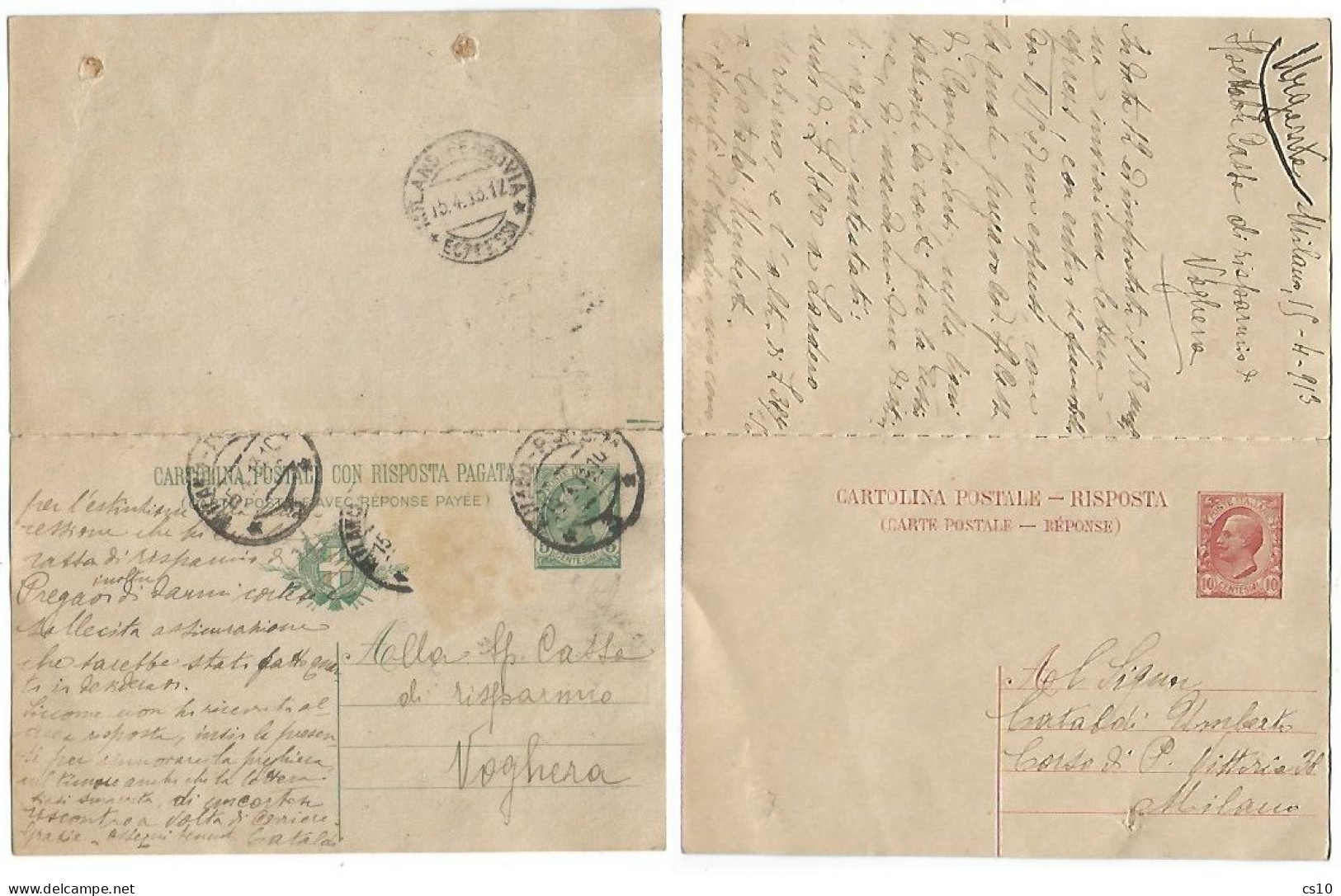 CP Leoni C5+c10 Domanda + Risposta Completo Delle 2 Parti #C37(13) Milano 15apr1913 X Voghera - Entero Postal