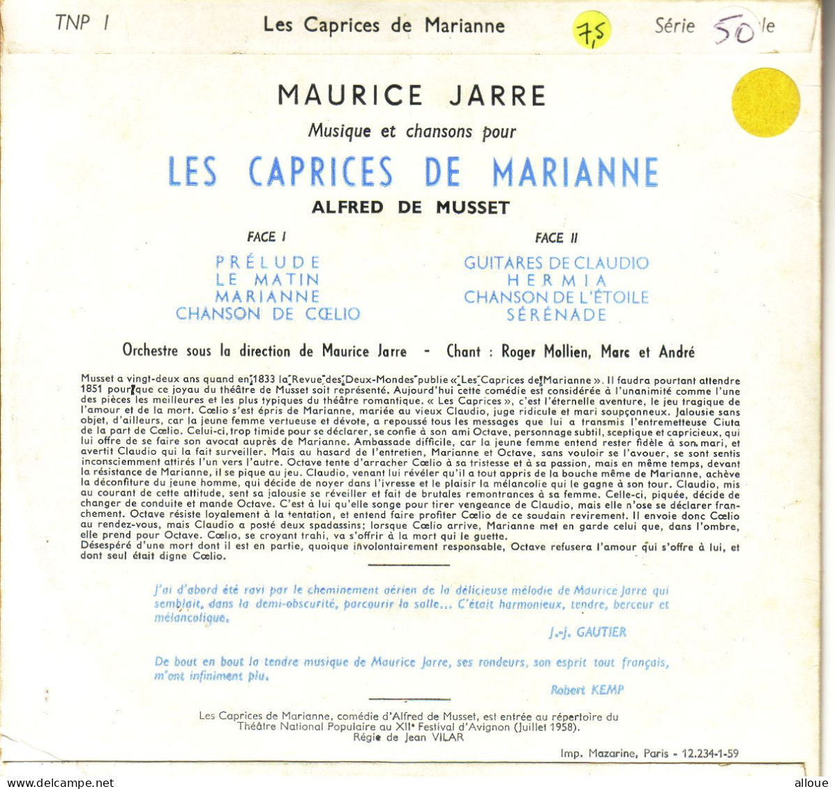 MAURICE JARRE - EP 33T-  MUSIQUE ET CHANSONS POUR LES CAPRICES DE MARIANNE (ALFRED DE MUSSET) - Sonstige & Ohne Zuordnung