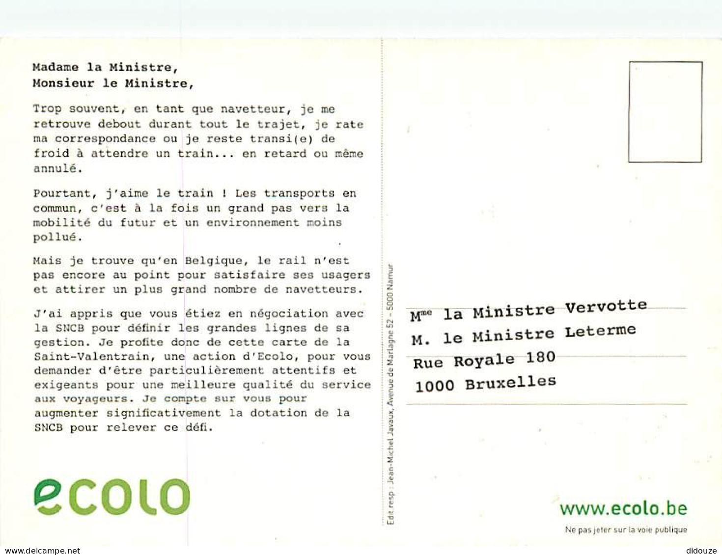 Publicite - Ecolo - Les Verts - Alliance Libre Européeenne - Illustration  - Carte Neuve - CPM - Voir Scans Recto-Verso - Pubblicitari